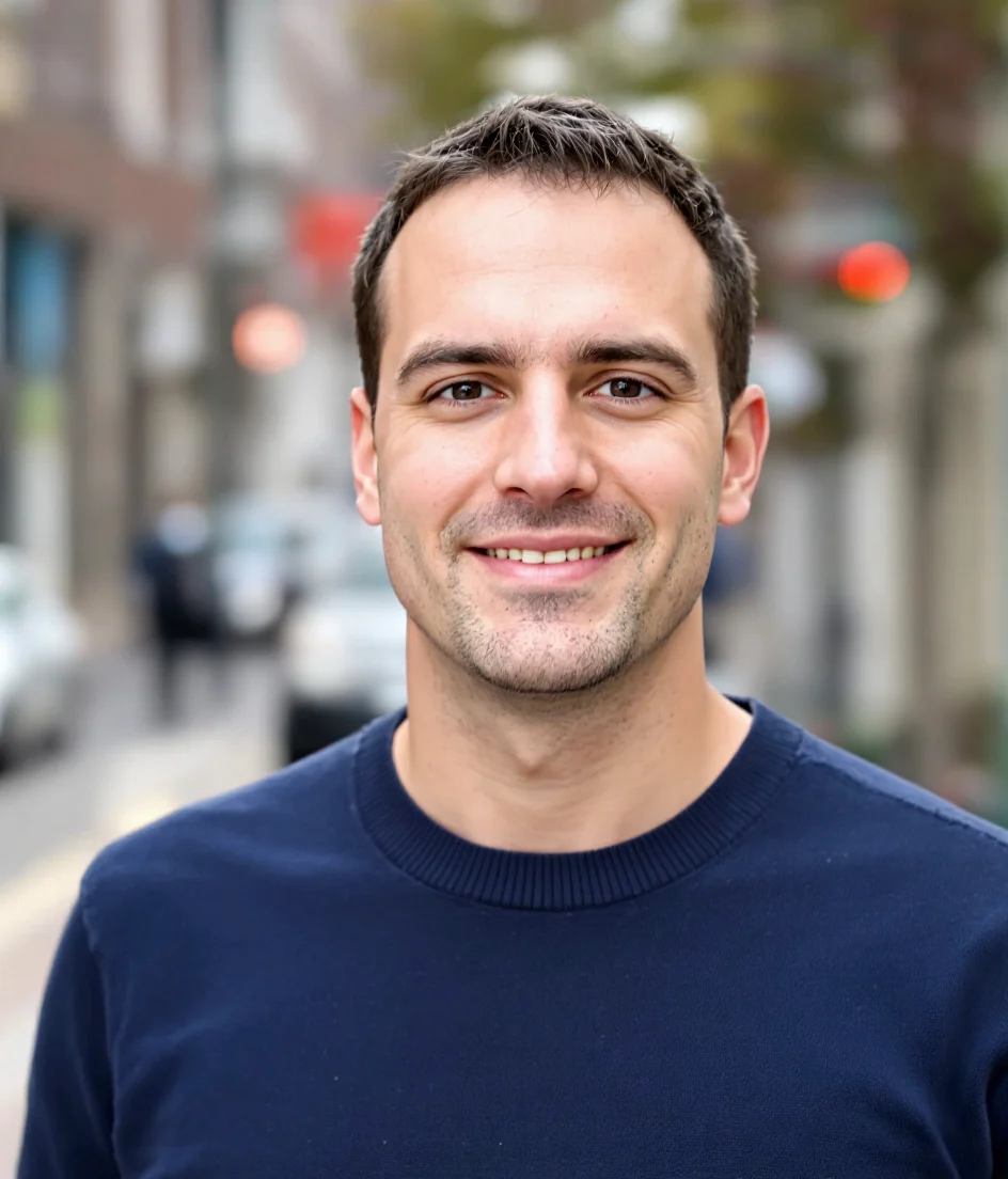 Retouched headshot of a man with dark hair in a navy sweater on a city street